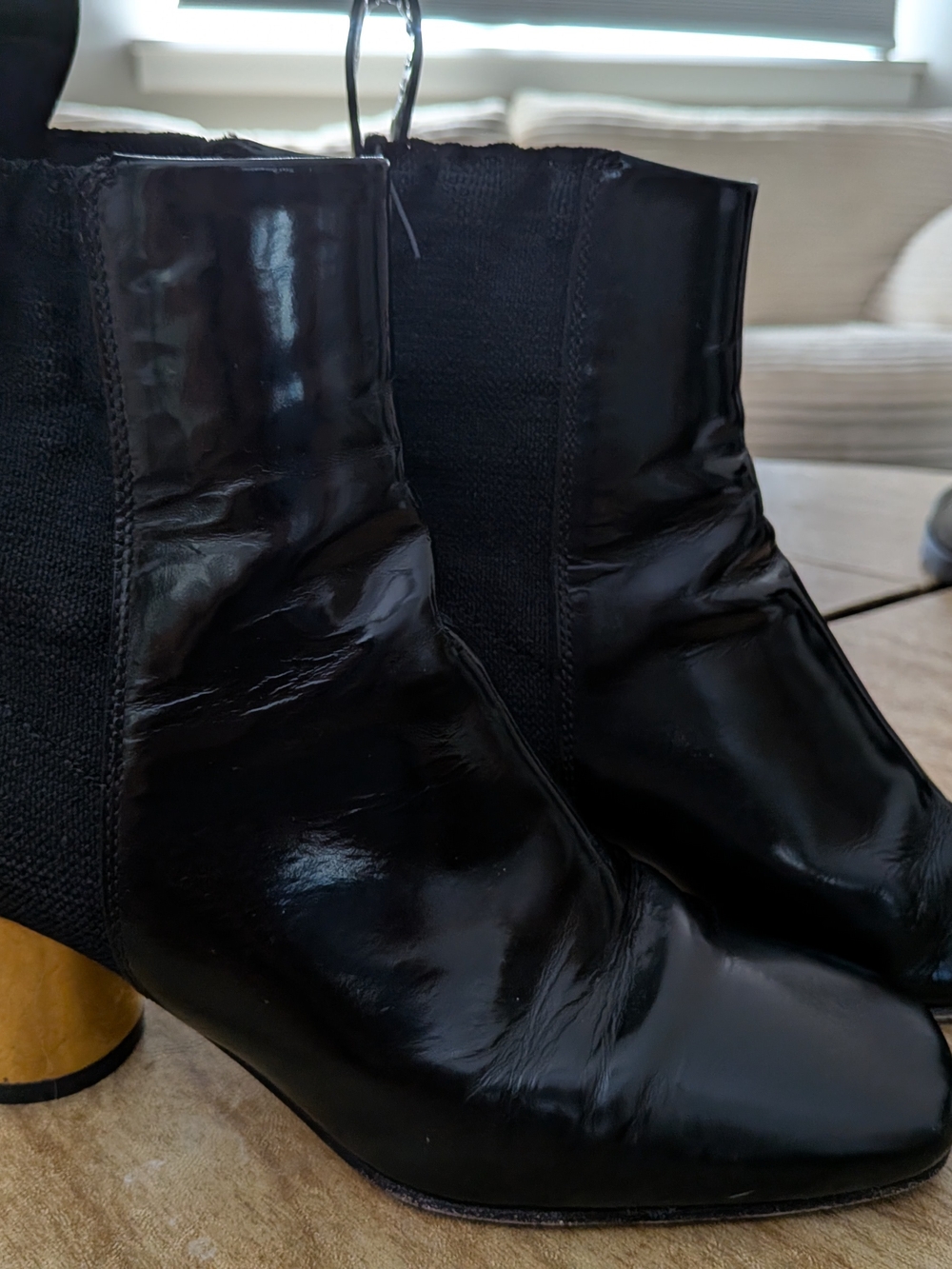Proenza Schouler Black Patent Ankle Boots with Gold Block Heel